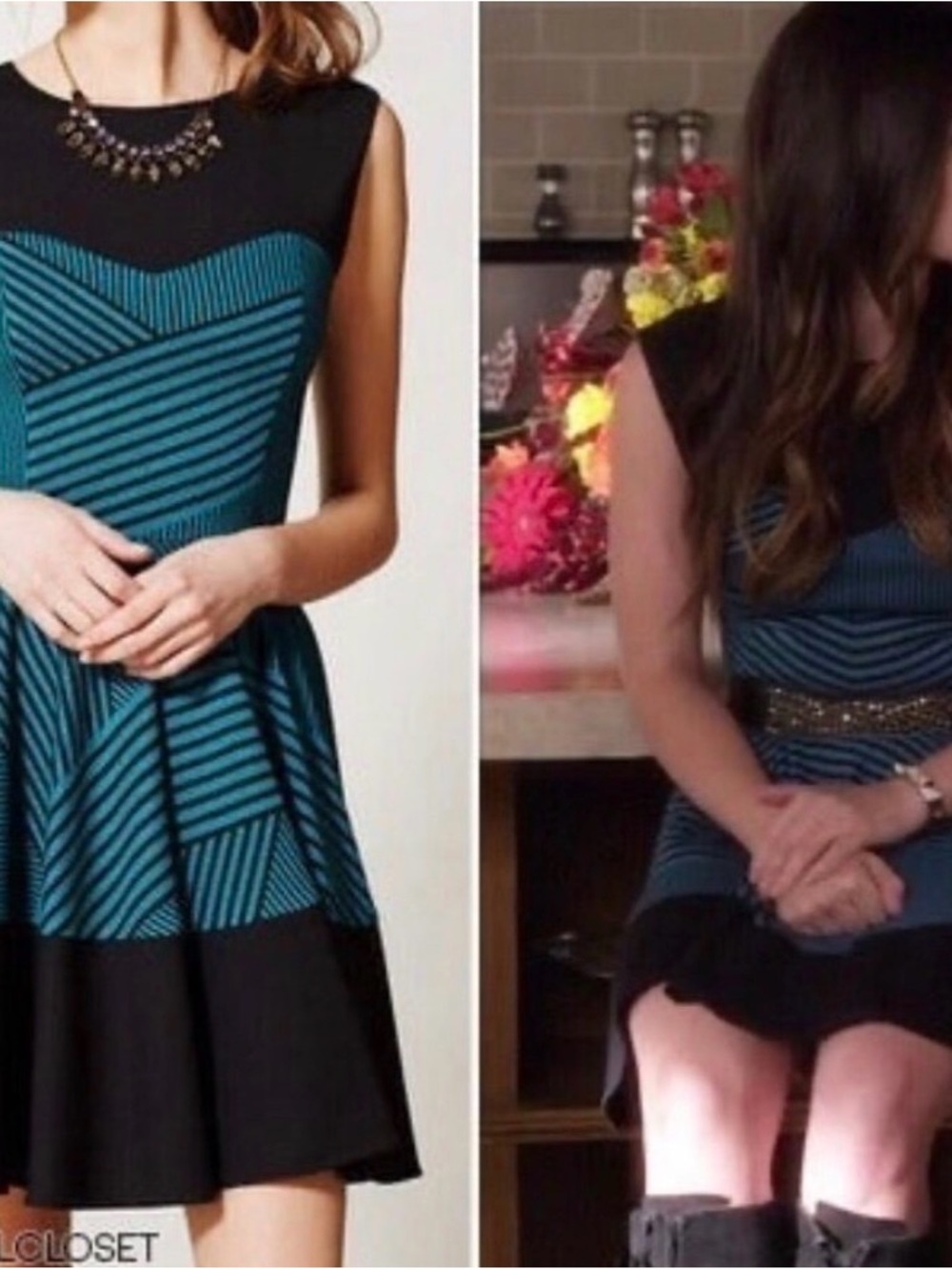 Eva Franco Black and Teal Striped Fit-and-Flare Mini Dress